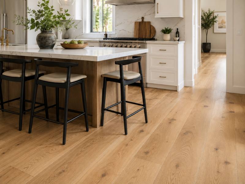 Wide plank laminate flooring in a kitchen
