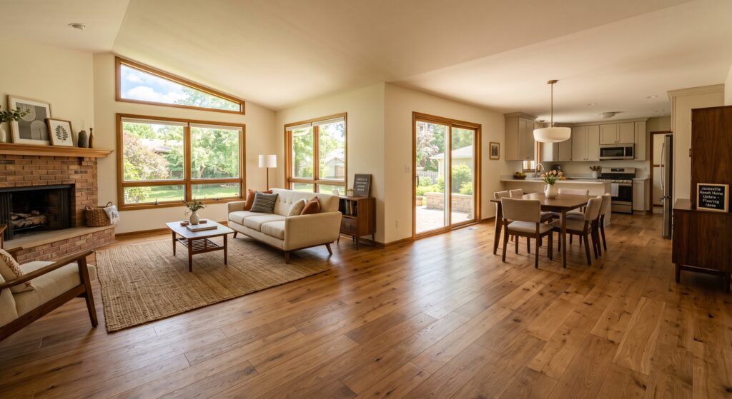 Warm-toned hardwood flooring throughout an open-concept living room and kitchen