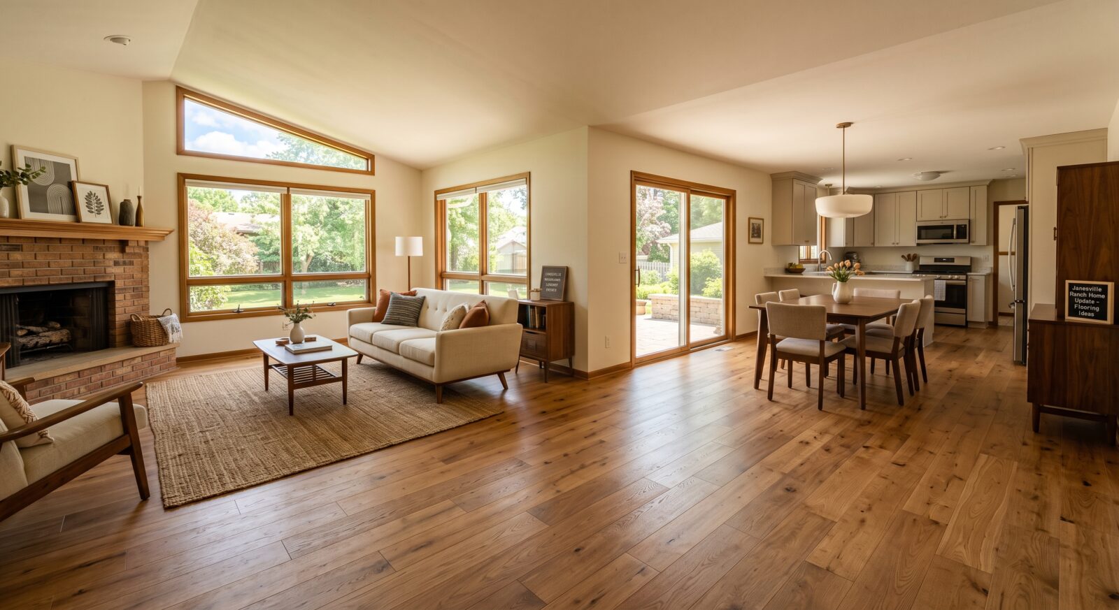 Warm-toned hardwood flooring throughout an open-concept living room and kitchen