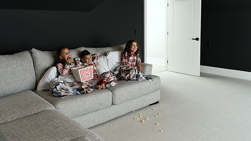 Light gray carpet flooring in a family living room